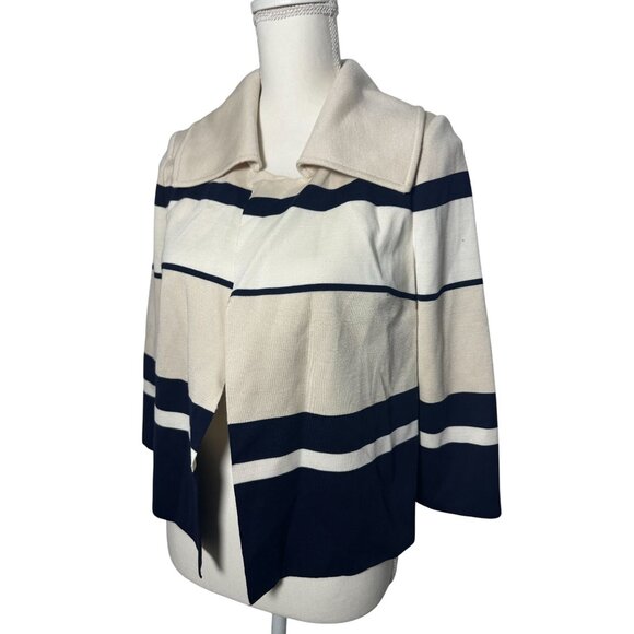 ST JOHN Striped Draped Cream Navy Sweater Jacket Size 4 - Picture 2 of 8
